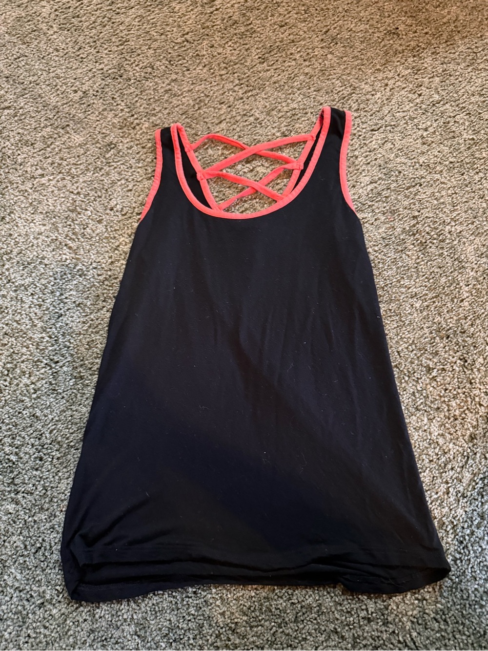 Black Tank Top with Coral Trim and Crisscross Back